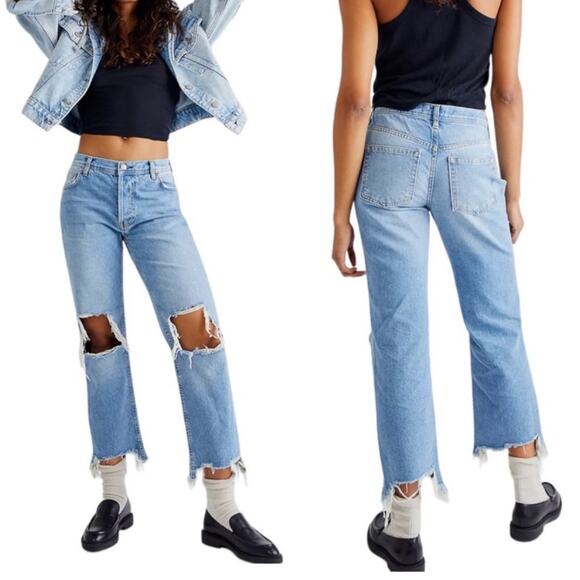 Free People Denim - Free People Maggie Cropped Ripped Knee Jeans Size 26 Raw Ankle Distressed Denim